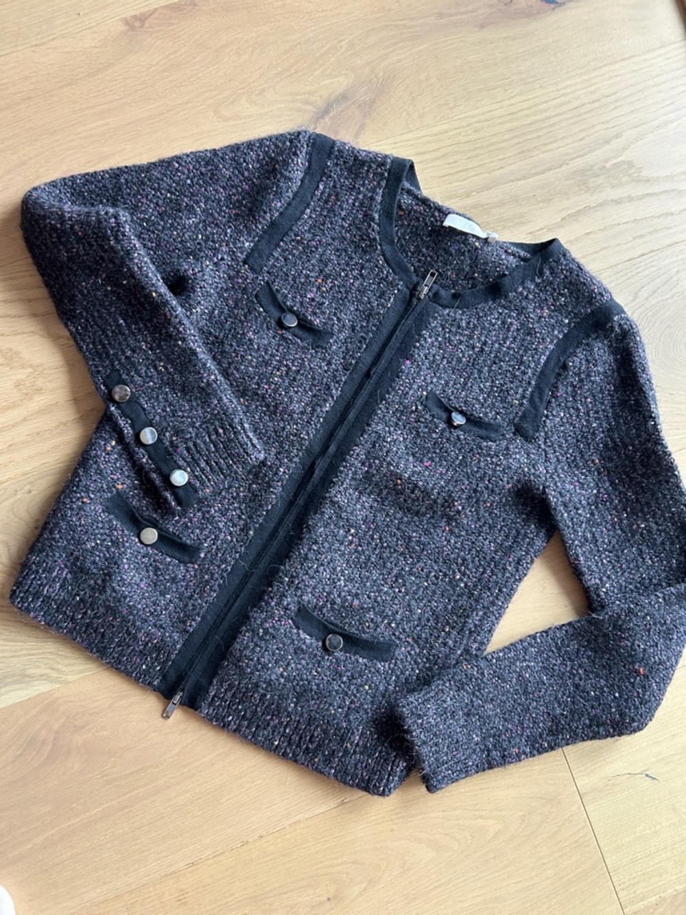 Stefanel Black Tweed Zip-Front Cardigan with Subtle Multicolor Flecks